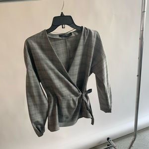 ZARA - Plaid Wrap Shirt with Puff Sleeve